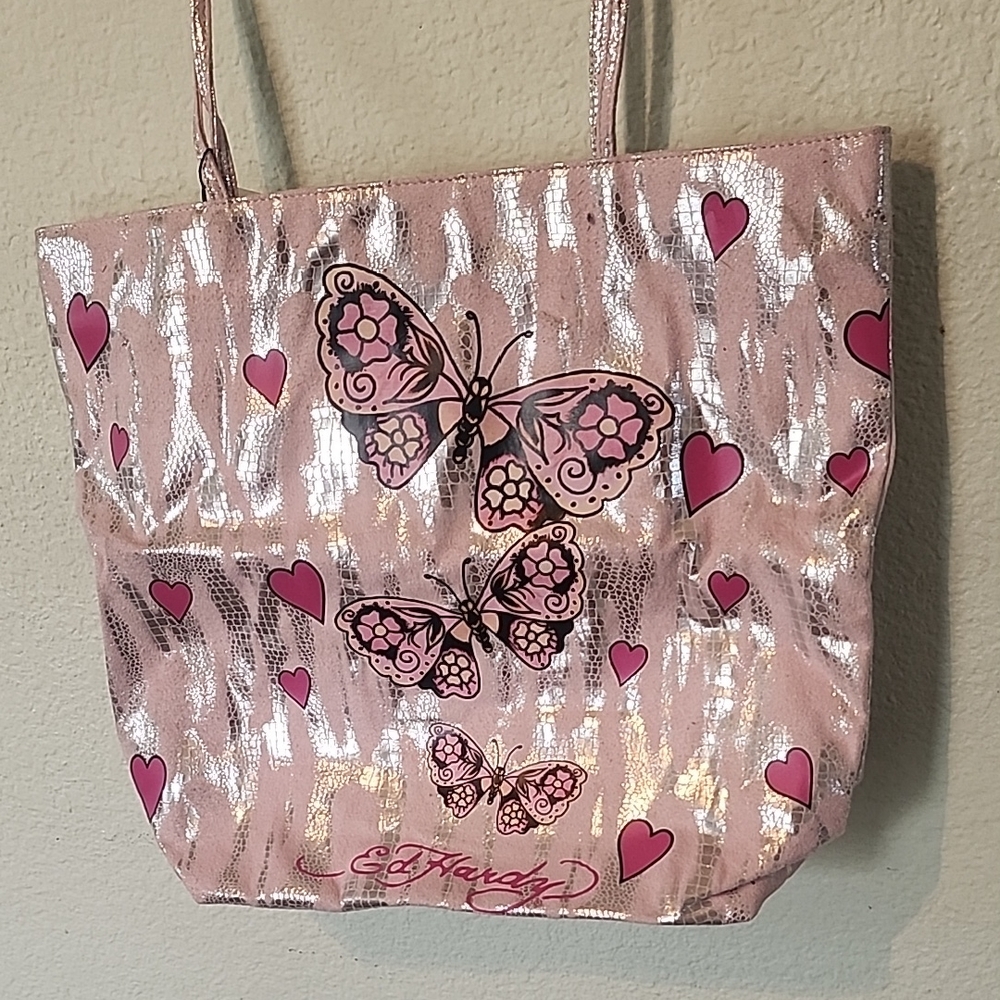 Ed Hardy Pink and Silver Butterfly Heart Tote